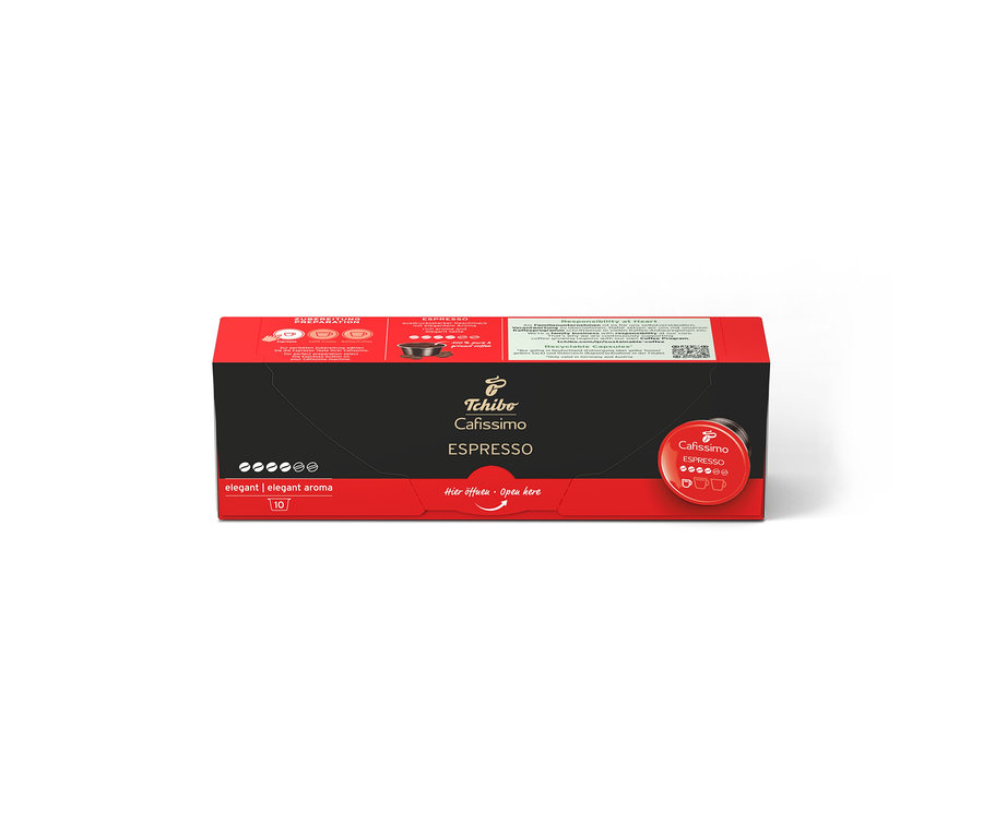 Kırmızı kapaklı ve tabanlı, siyah Tchibo Cafissimo Espresso Elegant Aroma 10 kapsül paketi, beyaz arka plan üzerinde.