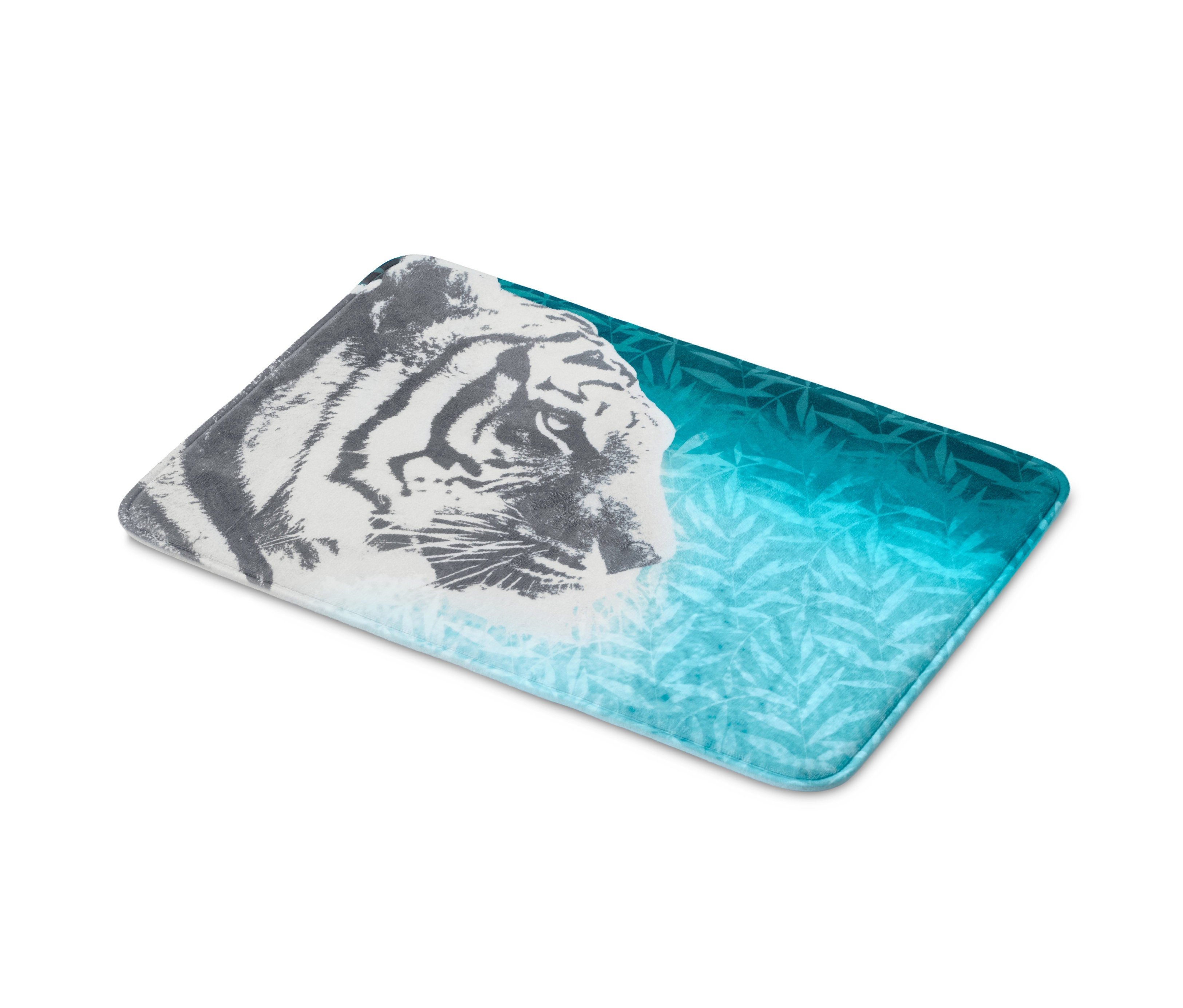 Kaplan ve yaprak deseni olan beyaz Konforlu Banyo Paspası.