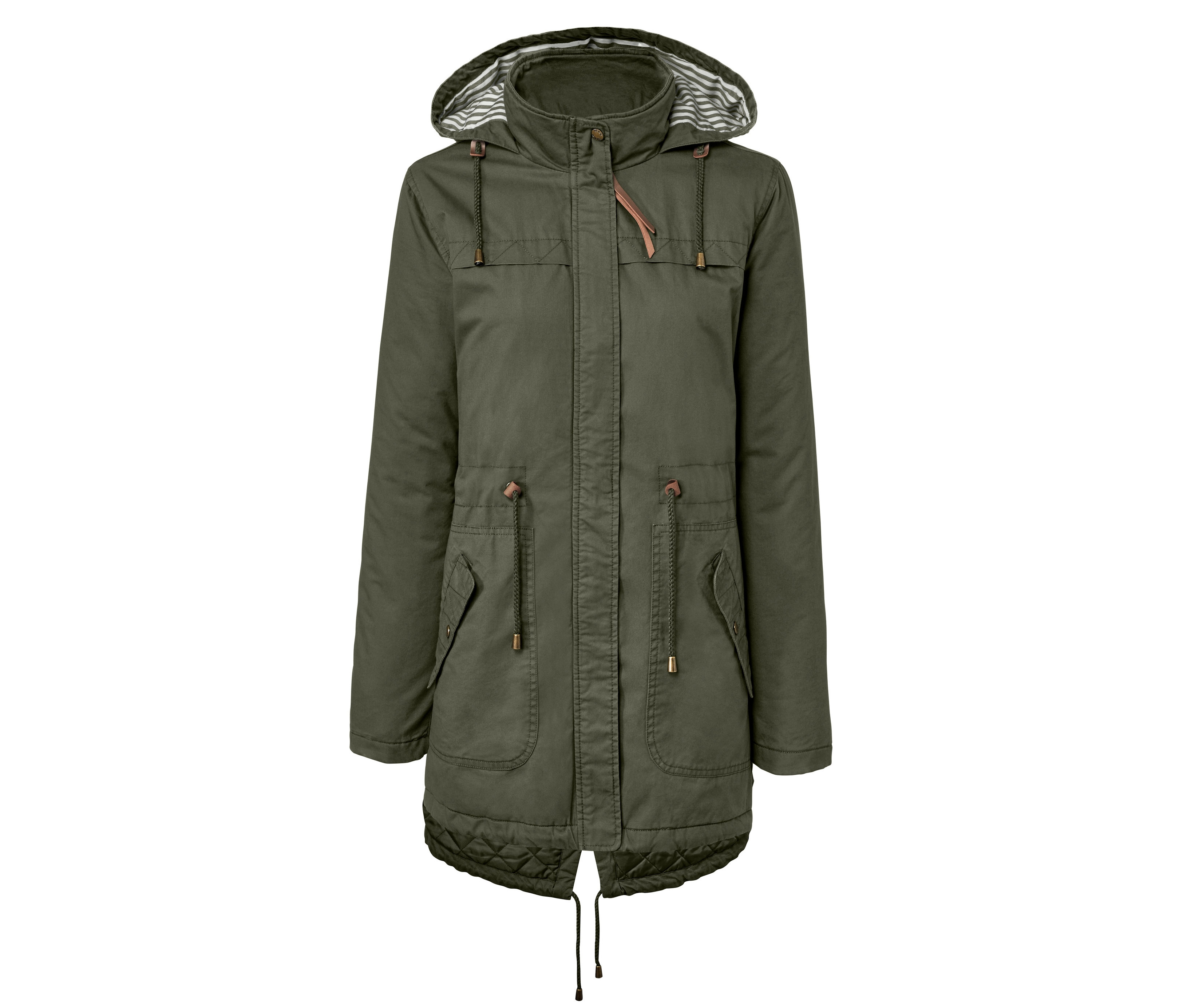 Kapüşonlu, ipli, yeşil parka.