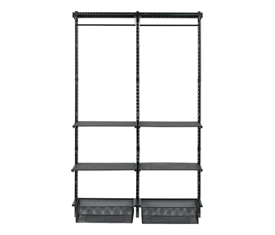 Rafları ve elbise askılıkları olan siyah Duvar Ünitesi.