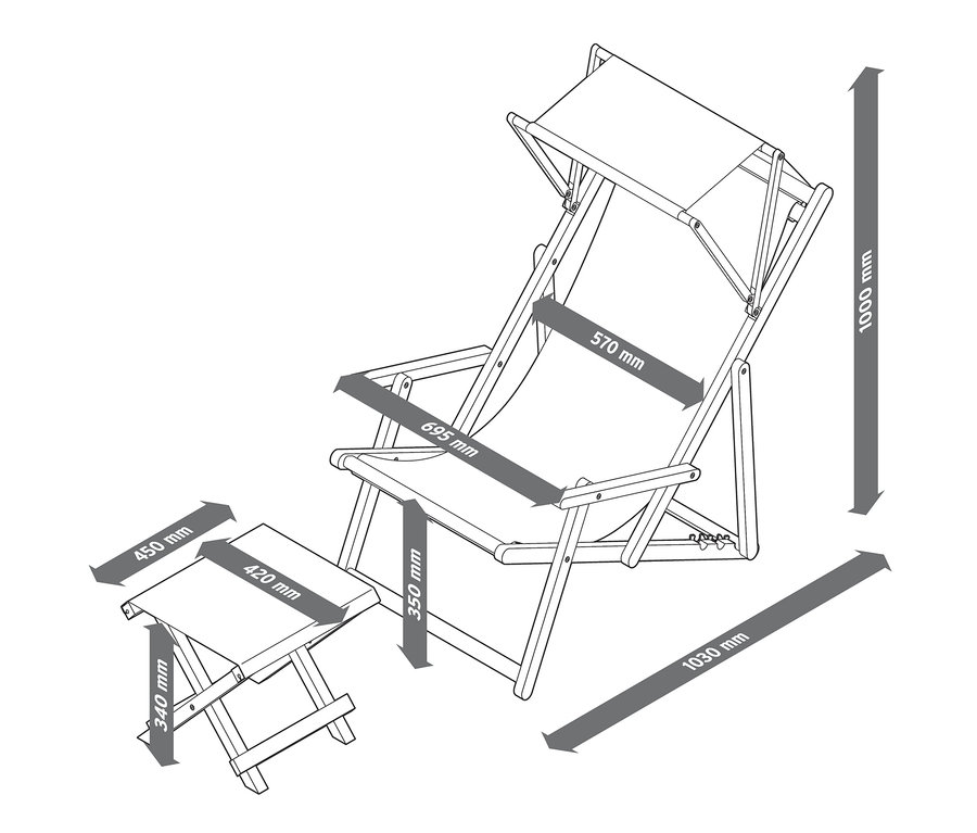 Ölçülerle birlikte güneşlikli ve ayaklıklı şezlong çizimi.