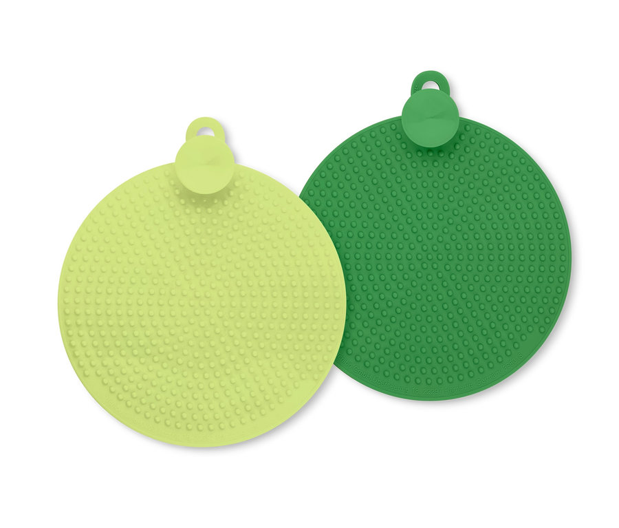 Biri açık yeşil, diğeri koyu yeşil olmak üzere iki adet silikon bulaşık pedi.