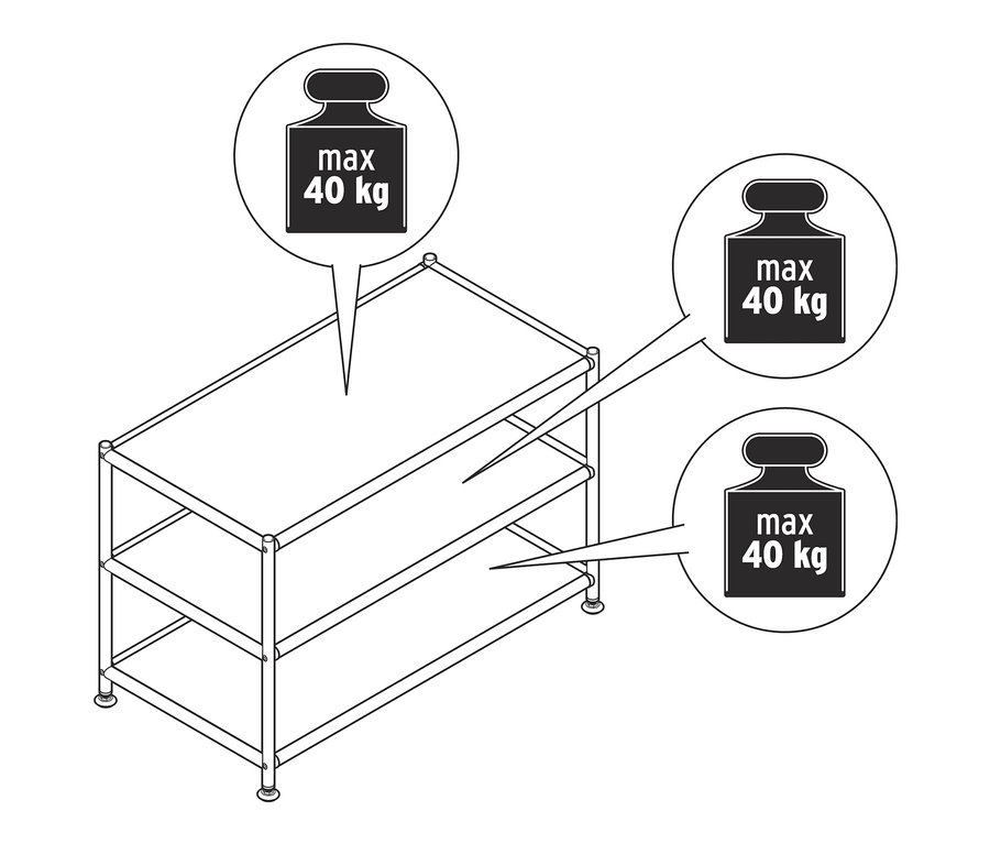 Üç raflı ve maksimum 40 kg taşıma kapasiteli CN3 metal sehpa çizimi.