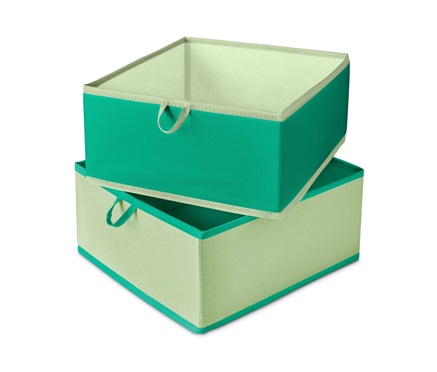 İki adet büyük boy çekmece düzenleme kutusu, biri yeşil, diğeri açık yeşil, üst üste yığılmış.