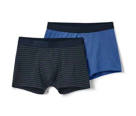 İki adet slip boxer: biri mavi, diğeri çizgili lacivert.
