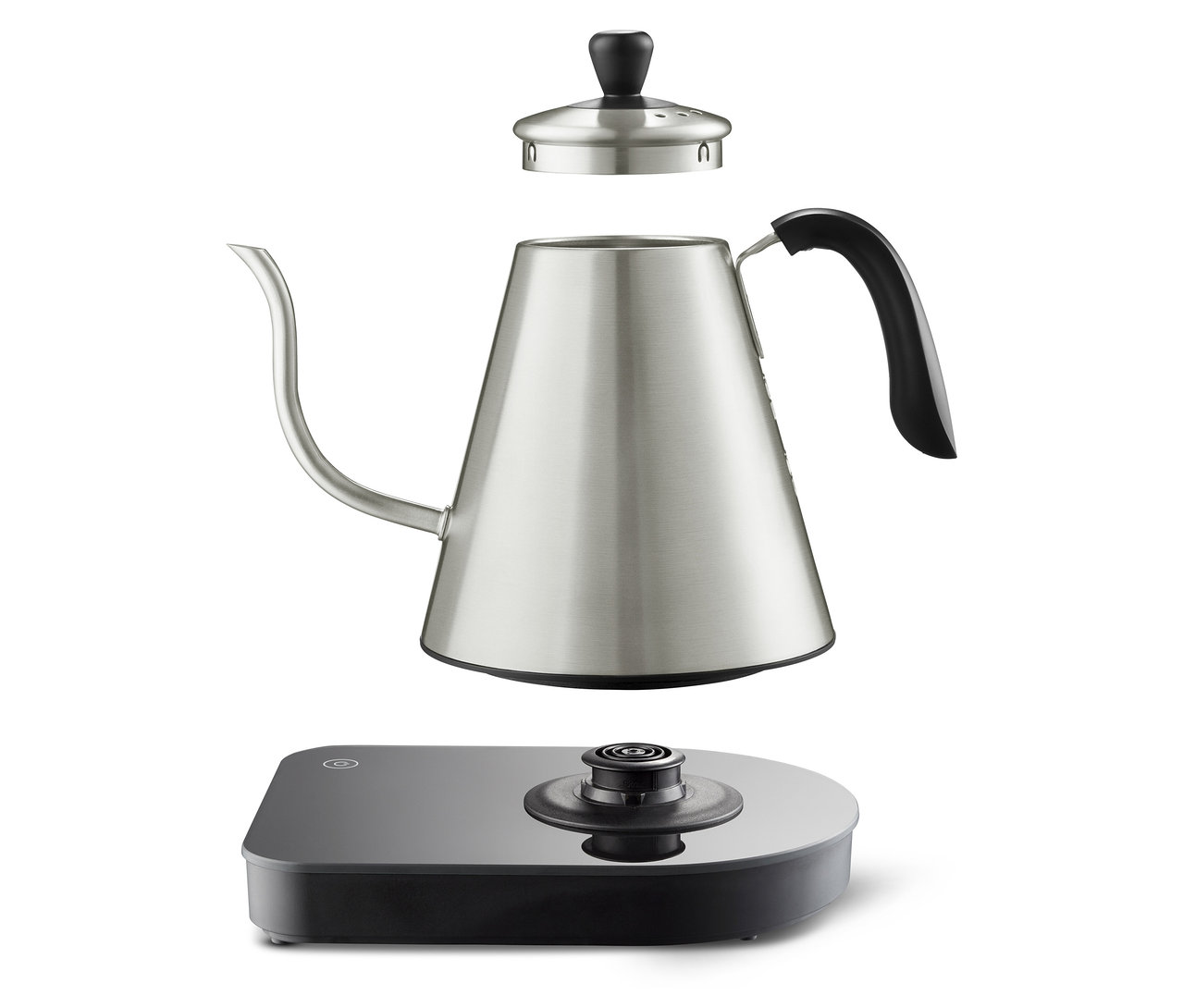 Paslanmaz çelik elektrikli su ısıtıcısı, kapak ve taban ayrılmış.