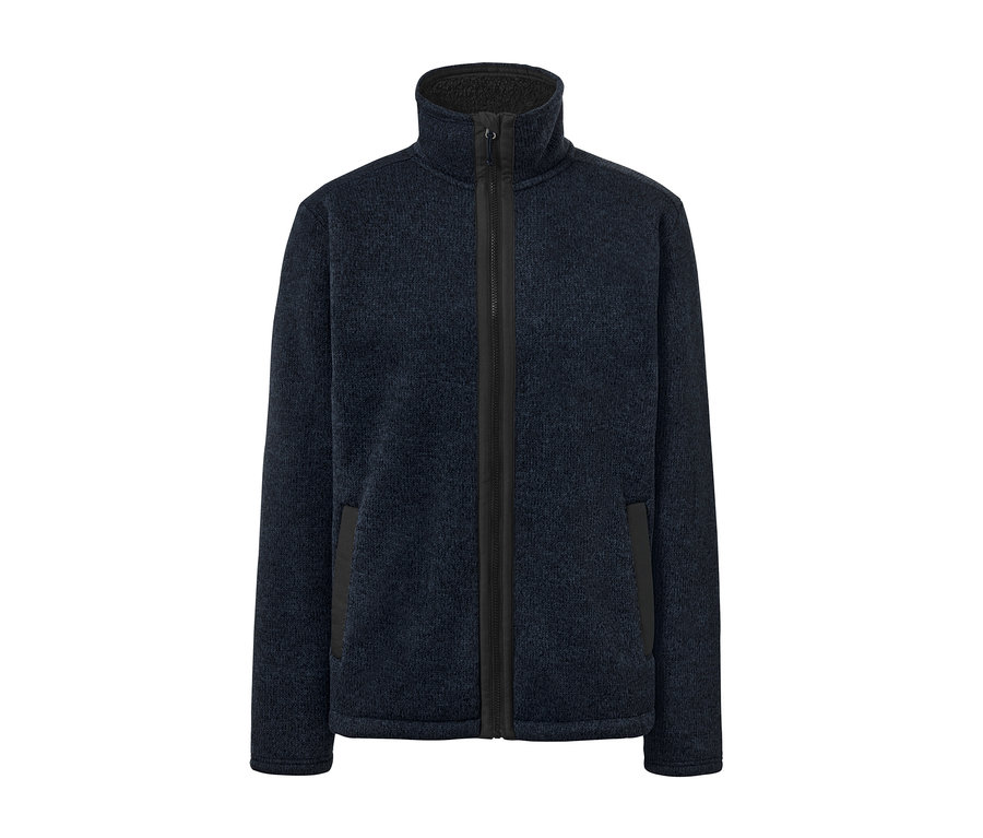 Ortasında fermuarı olan lacivert örgü polar mont.