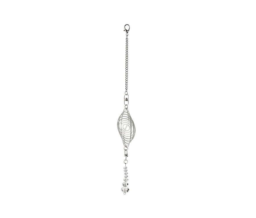 Spiral tasarımlı ve kristal boncuklu gümüş rüzgar çanı.