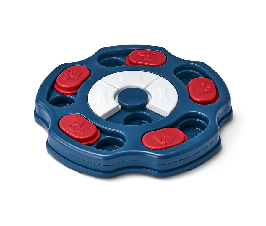 Köpek Zeka Oyuncağı, kırmızı ve beyaz çıkarılabilir parçaları olan mavi, dairesel bir tepsiye sahiptir.