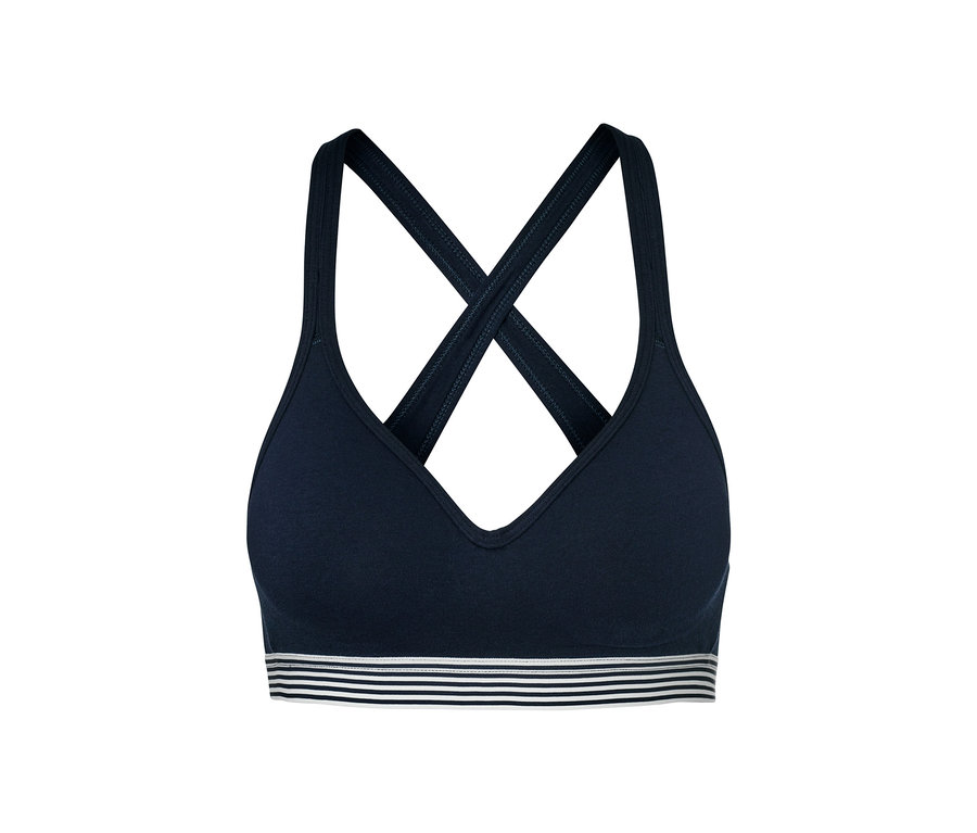 Lacivert, dolgulu, çapraz sırtlı sütyen.