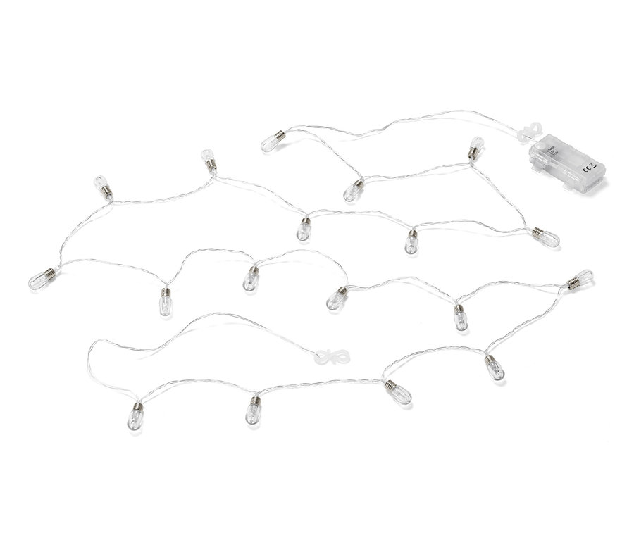 Beyaz arka planda mini ampullere sahip LED ışık zinciri.