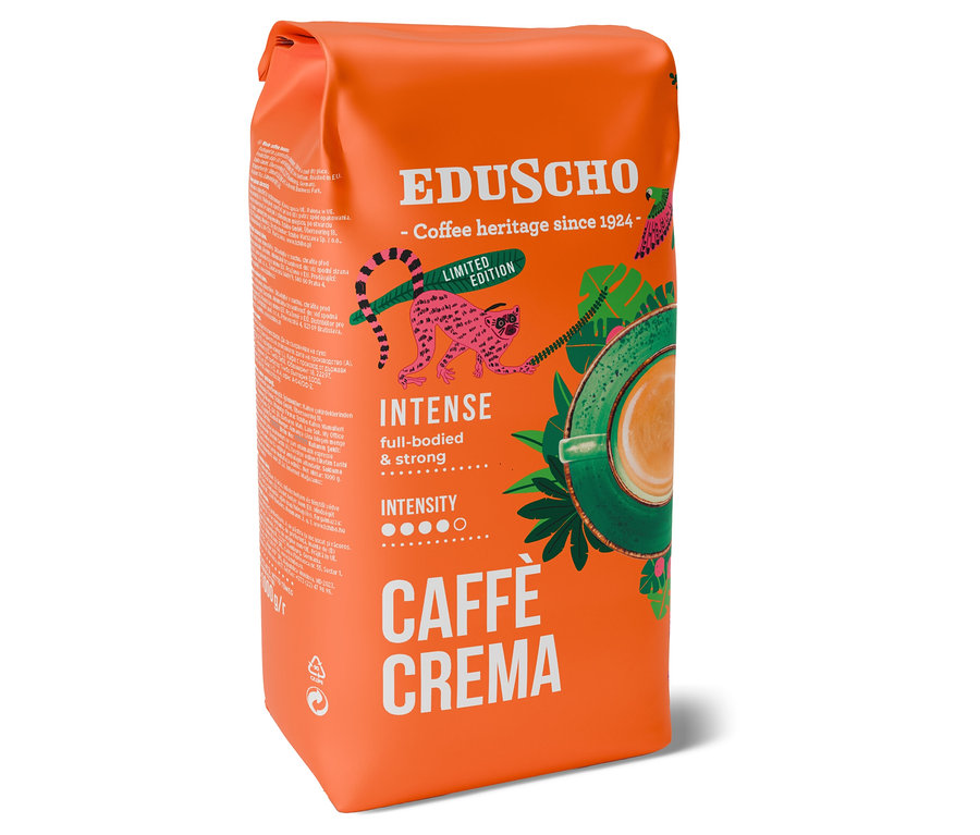 Turuncu Eduscho Caffè Crema Intense 1 kg çekirdek kahve paketi.
