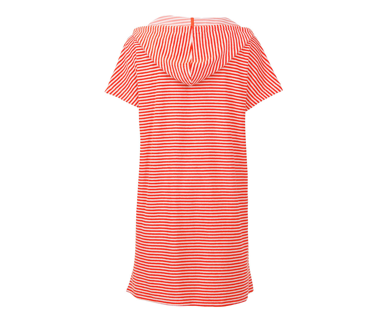 Kapüşonlu, kırmızı ve beyaz çizgili, organik pamuklu havlu plaj elbisesinin arka görünümü.