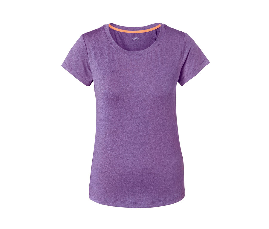 Kısa kollu, mor, fonksiyonel streç tişört.