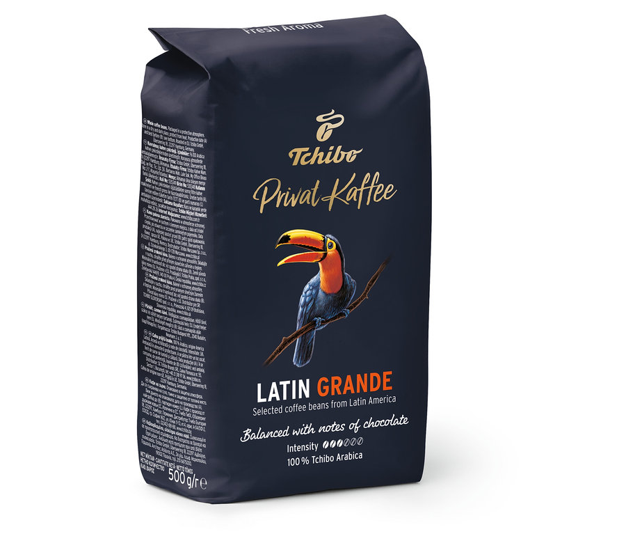 Bir paket Privat Kaffee Latin Grande – 500 g çekirdek kahve.