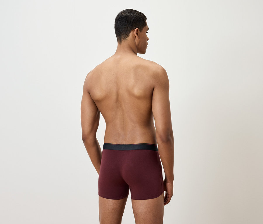 Arkası dönük bir adam bordo boxer şort giyiyor.
