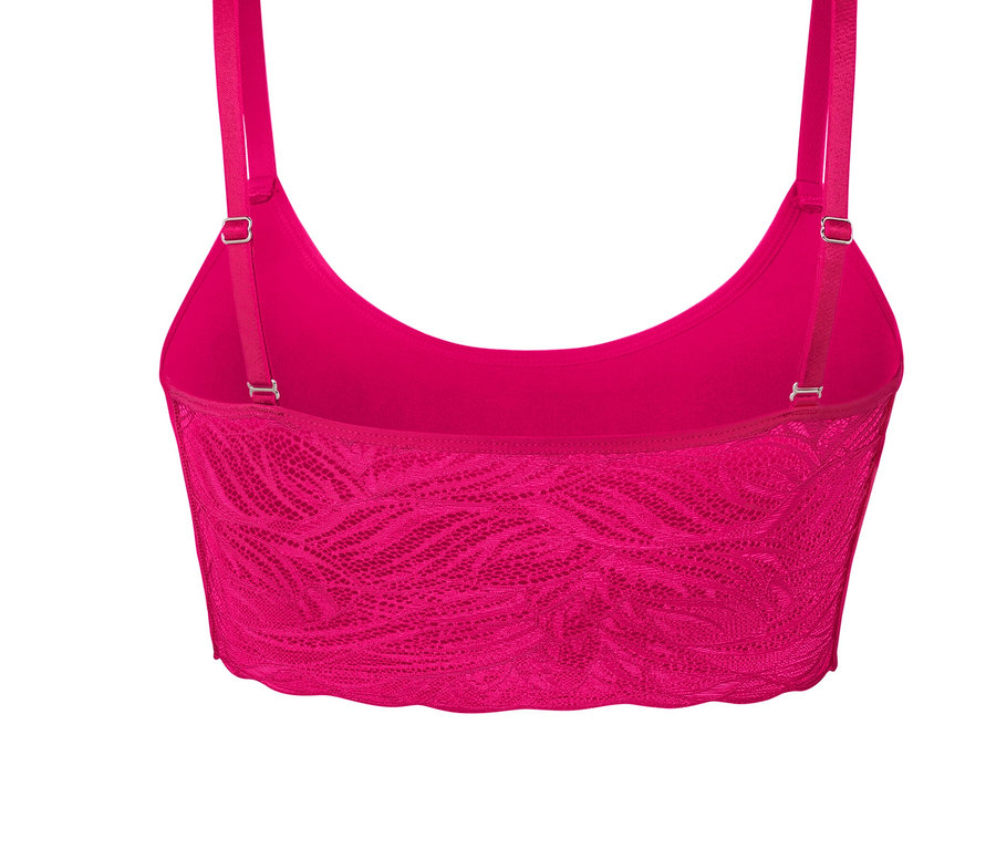 Fuşya dantelli dikişsiz büstiyerin arkadan görünümü, ayarlanabilir askıları var.