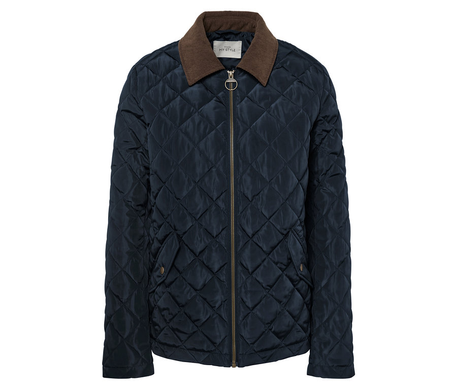 Kahverengi kadife yakalı ve altın fermuarlı lacivert kapitone ceket.