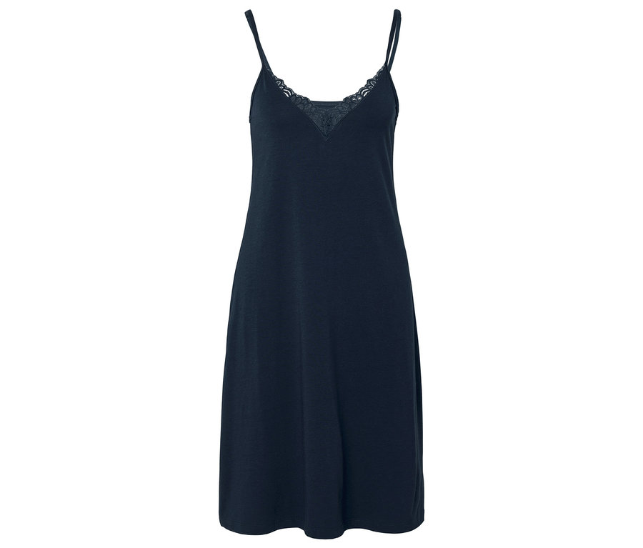 Dekolte kısmında dantel detayı bulunan koyu lacivert, kolsuz gecelik.