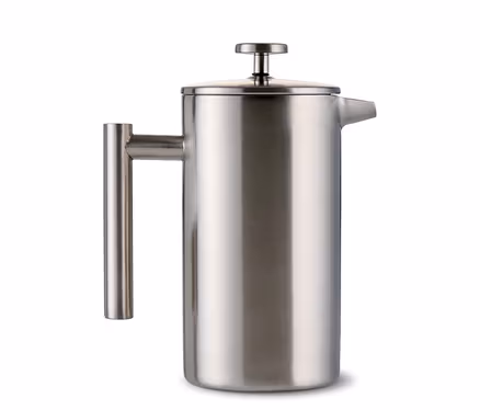 900 ml kapasiteli, çelik French Press, fırçalanmış yüzeyli, kulplu ve pistonlu kapaklı.