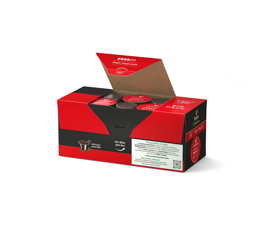 Açık kırmızı ve siyah Cafissimo Espresso Elegant Aroma kutusu, içinde kırmızı kapaklı 30 koyu renk kapsül gösteriyor.