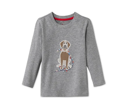 Ağzında ışıklar tutan köpek desenli, gri, uzun kollu tişört.
