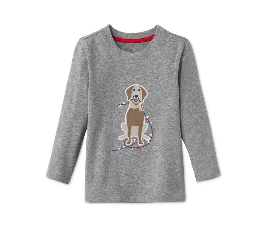 Ağzında ışıklar tutan köpek desenli, gri, uzun kollu tişört.