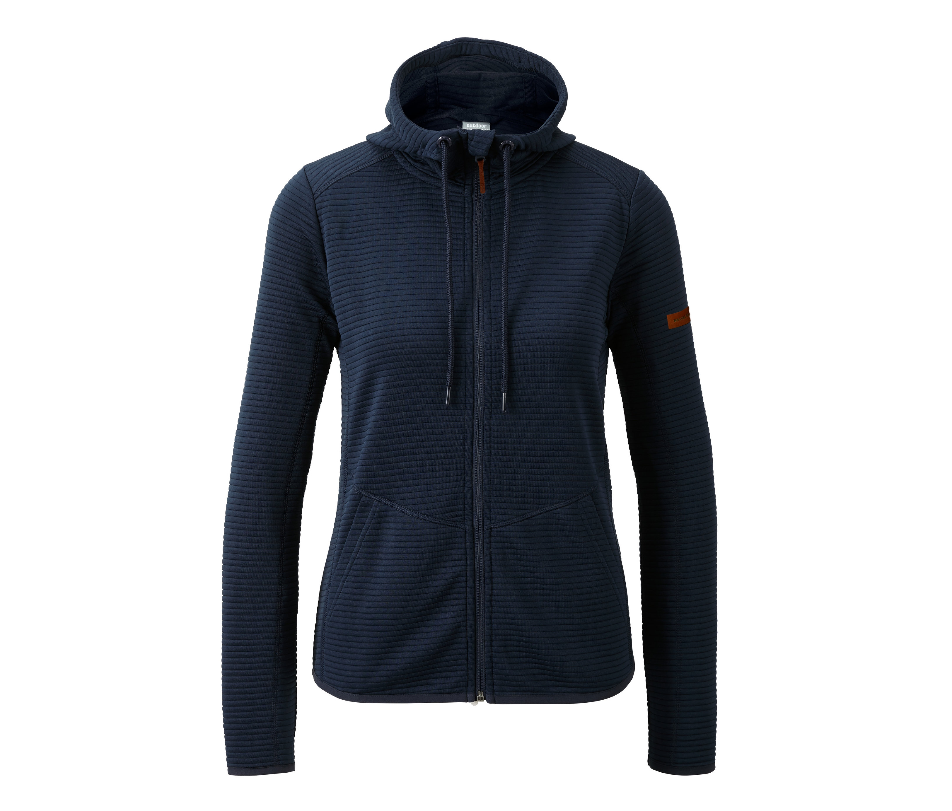 Ortasında fermuarı olan lacivert kapüşonlu fonksiyonel ceket.