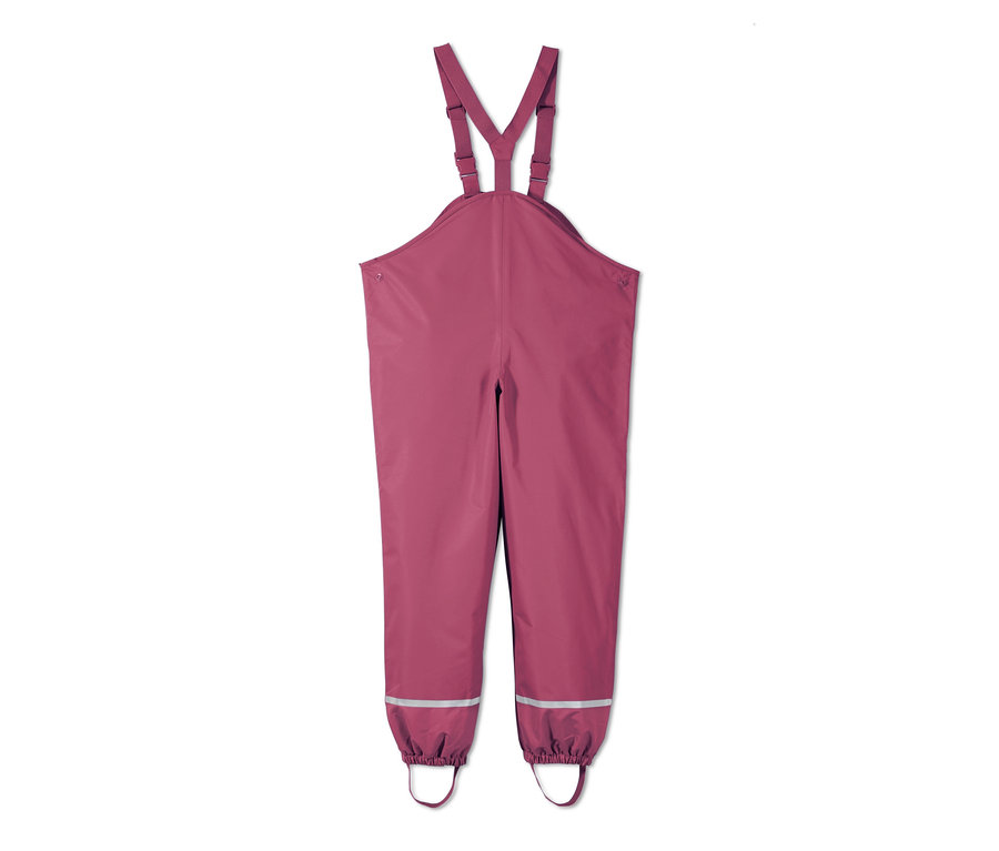 Askılı ve reflektörlü pembe termal yağmur pantolonu.