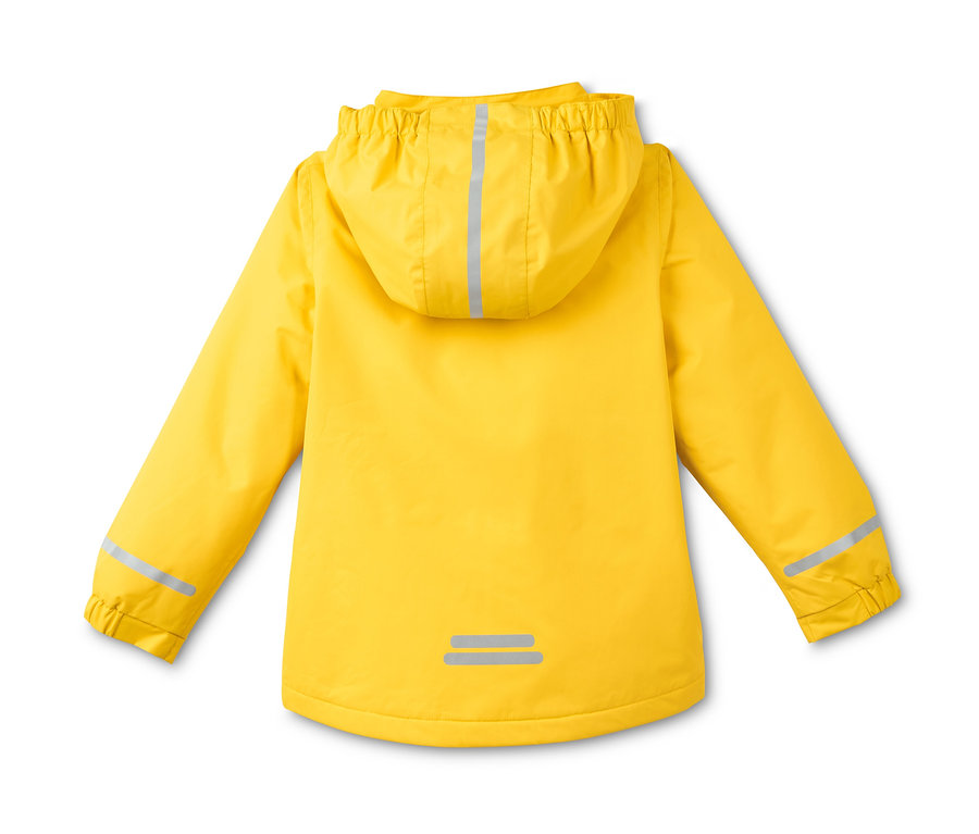 Arkadan görünümü sarı, geri dönüştürülmüş malzemeden termal yağmurluk, kapüşonlu ve reflektörlü detaylara sahip.