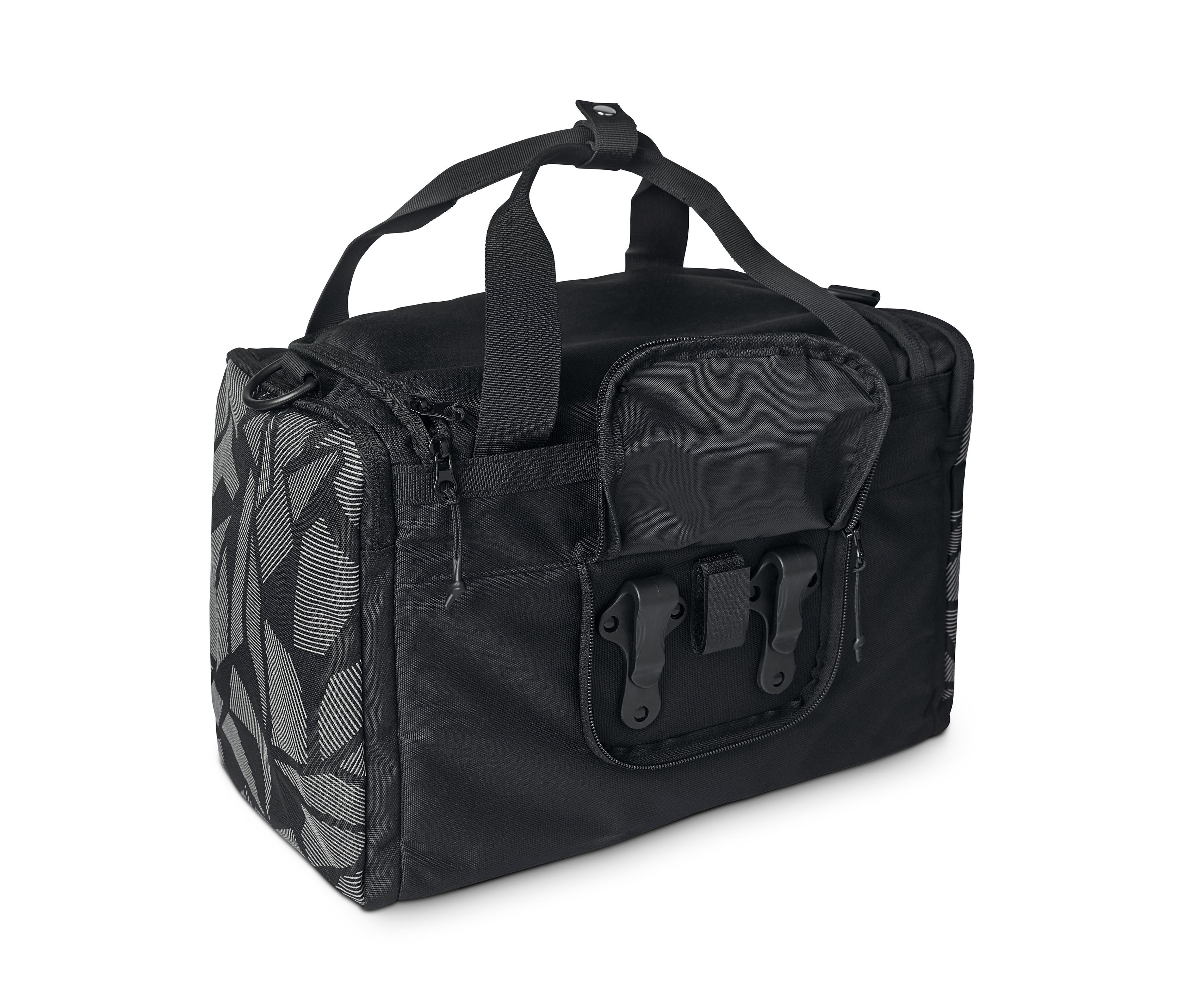 Yan tarafında deseni olan siyah bisiklet spor çantası.