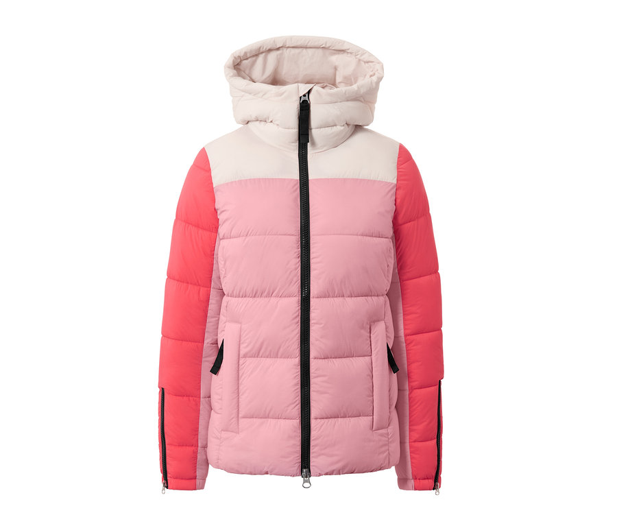 Pembe, mercan ve bej tonlarında, siyah fermuarlı kapitone kayak montu.