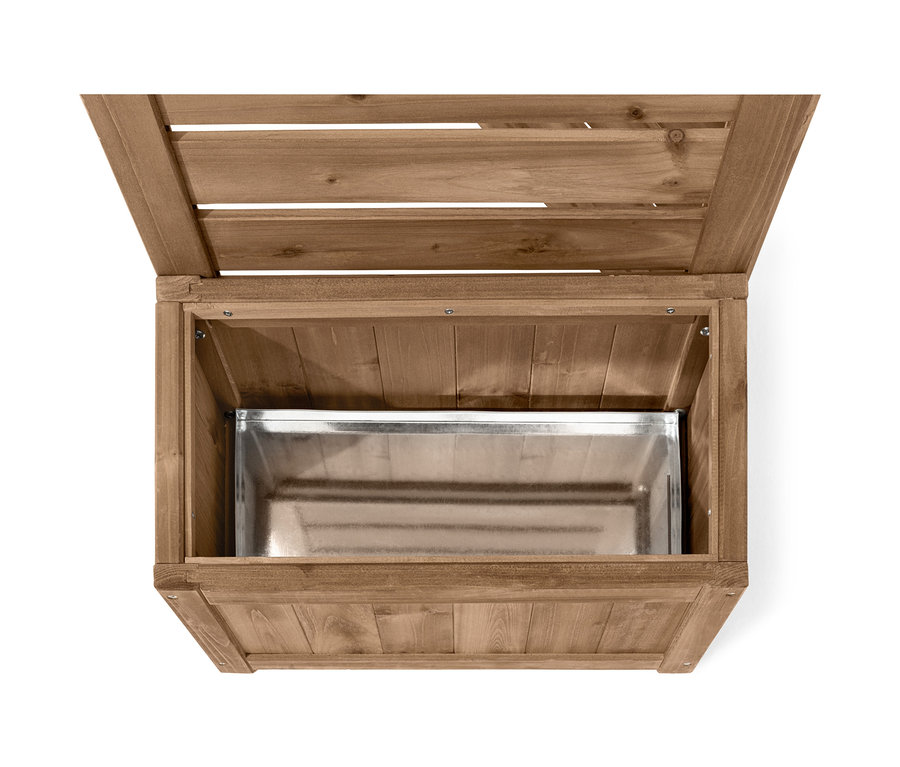 Kahverengi ahşaptan ve metal ek parçalı, saksı kutulu açık esnek paravan »Tinus«.