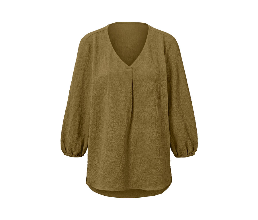 Uzun kollu ve V yakalı kahverengi bir tunik bluz.