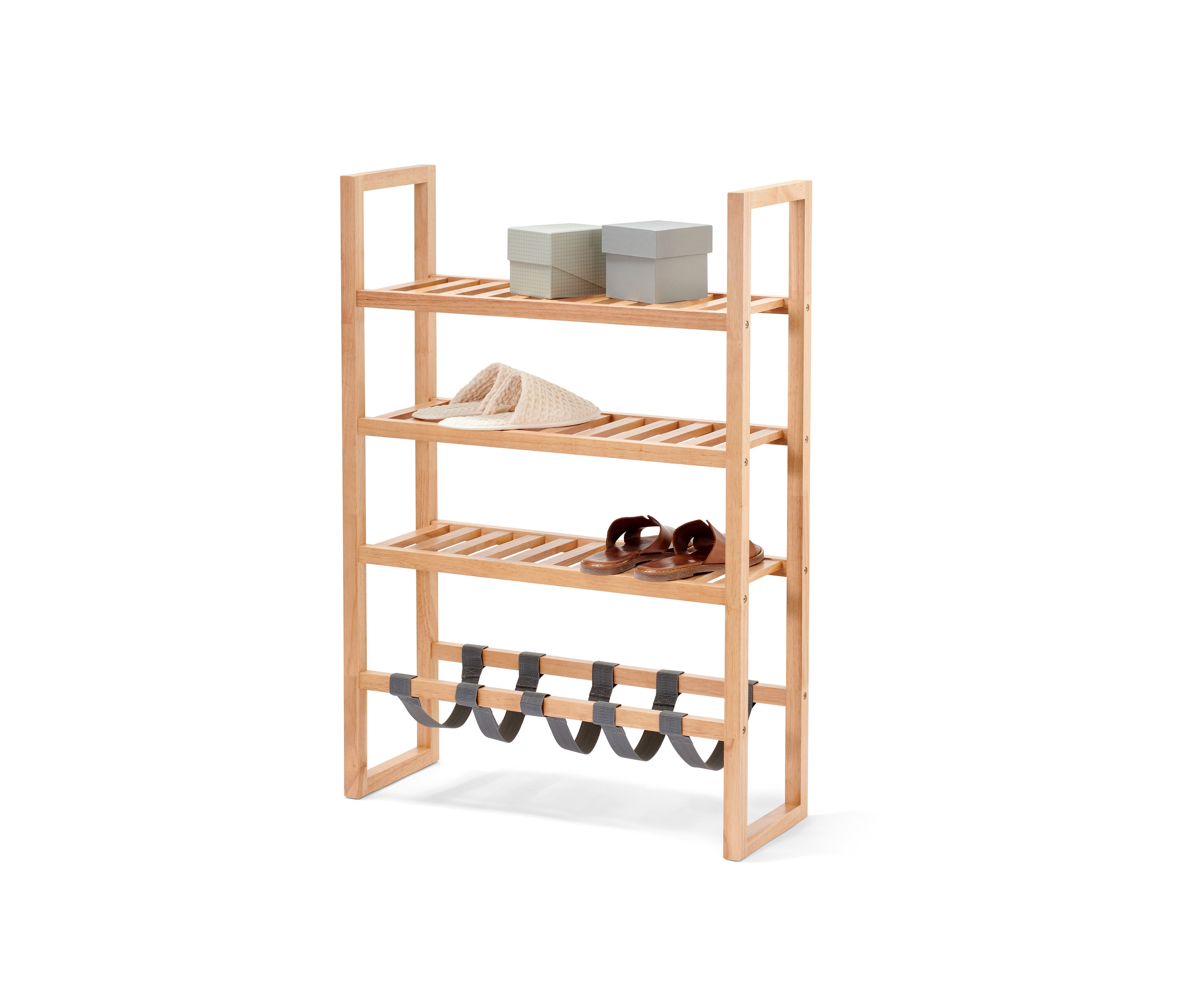 Dört raflı, iki kutulu, terlik ve sandaletli Ayaklı Dar Raf.