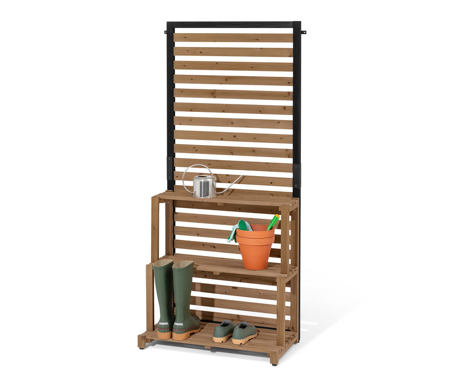 Çizmeler, ayakkabılar, sulama kabı ve saksı ile »Elin« raflı paravan modülü.