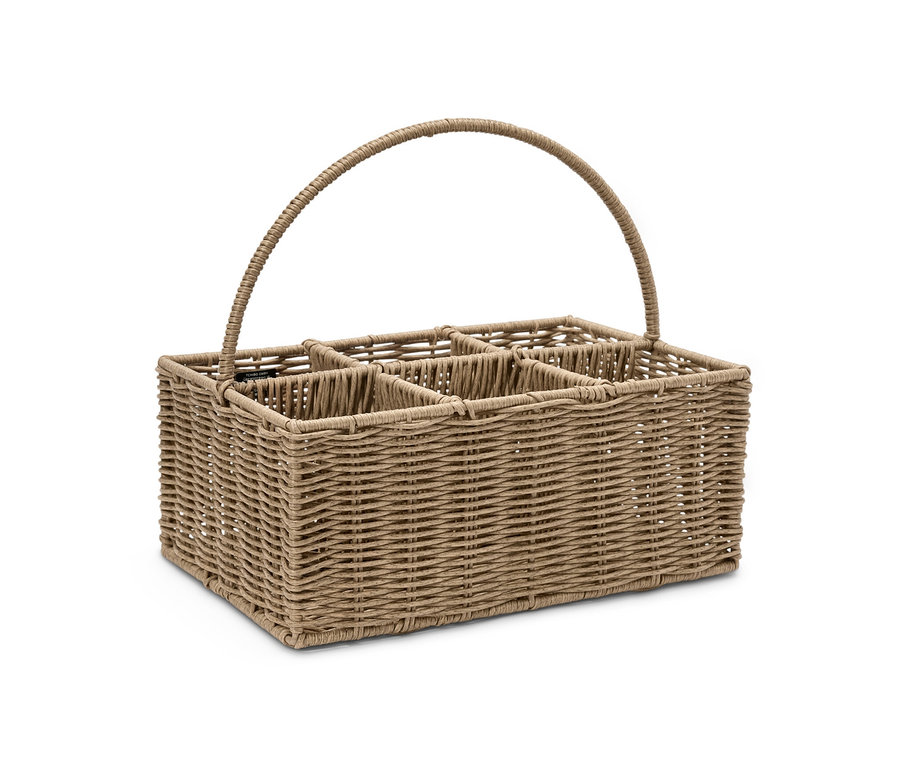 Altı bölmeli ve kavisli sapı olan hasır şişe taşıma sepeti.