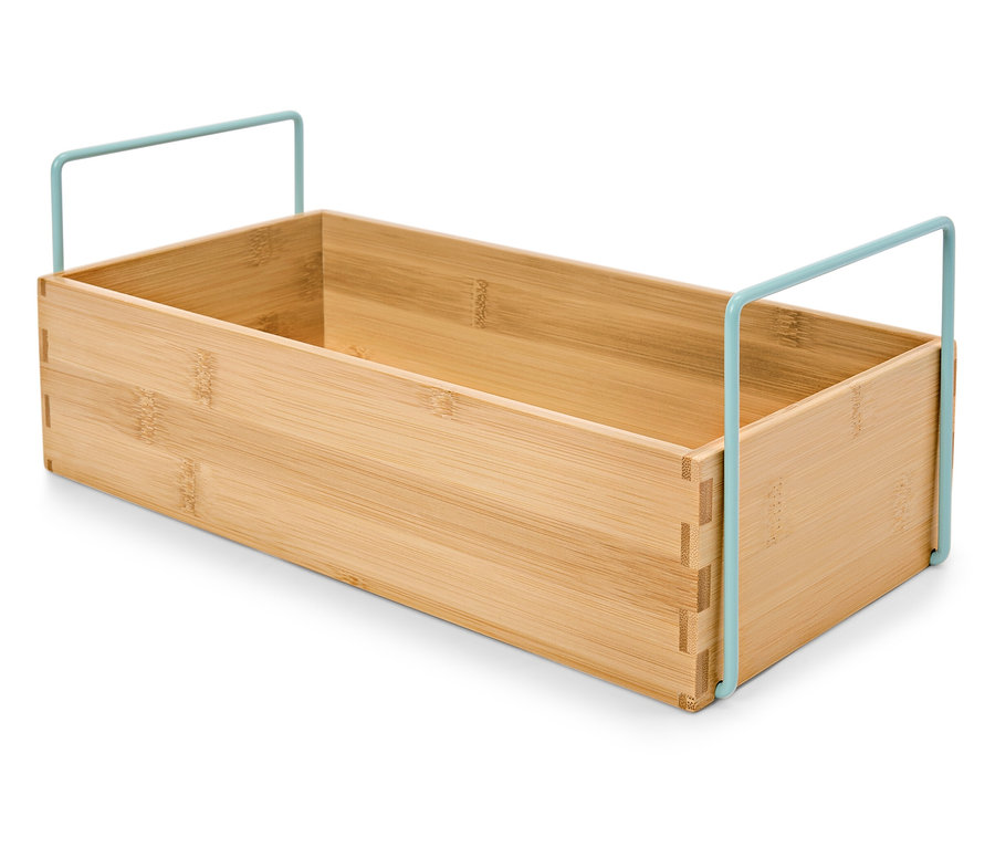 Açık mavi kulplu dikdörtgen bambu kutu.