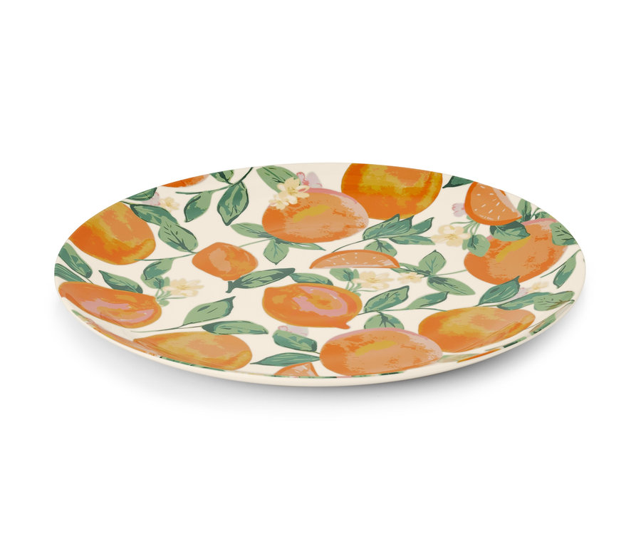 Turuncu ve yaprak desenli oval servis tabağı.