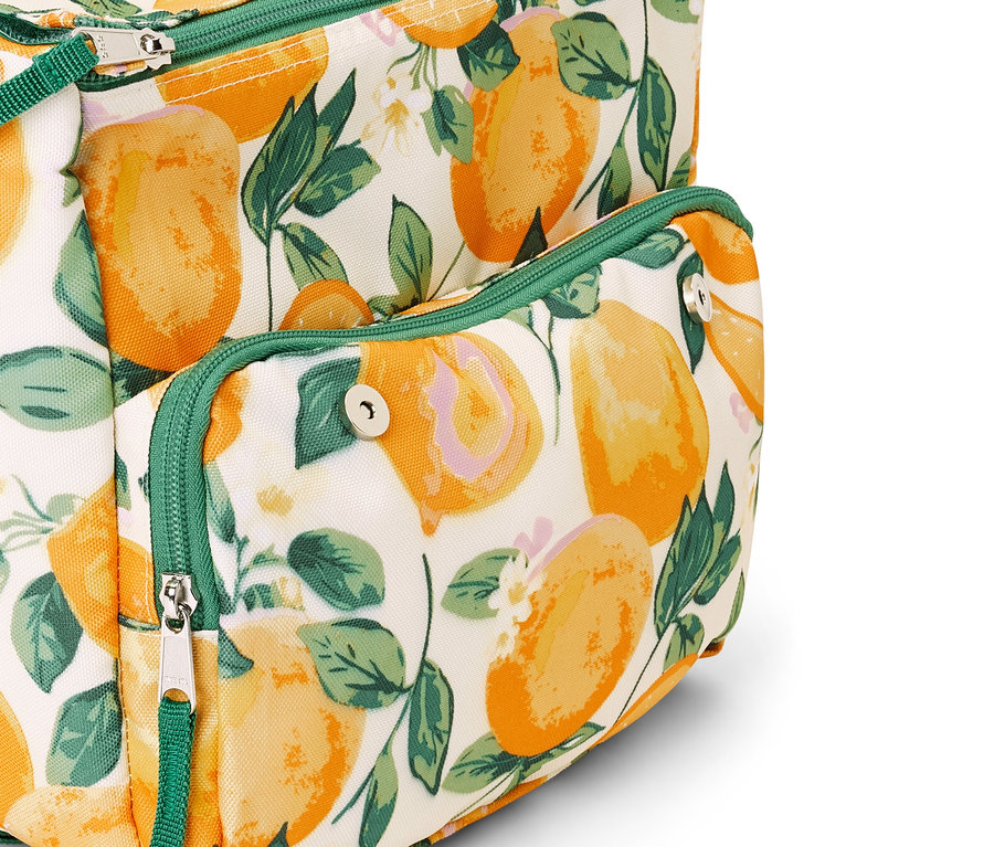 Narenciye baskılı ve yeşil detaylı mini soğutucu çanta detayı
