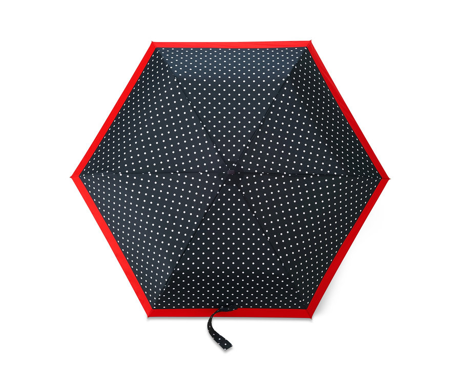 Kırmızı ile çevrelenmiş, lacivert zemin üzerine beyaz puantiyeli cep şemsiyesi yakın çekim.