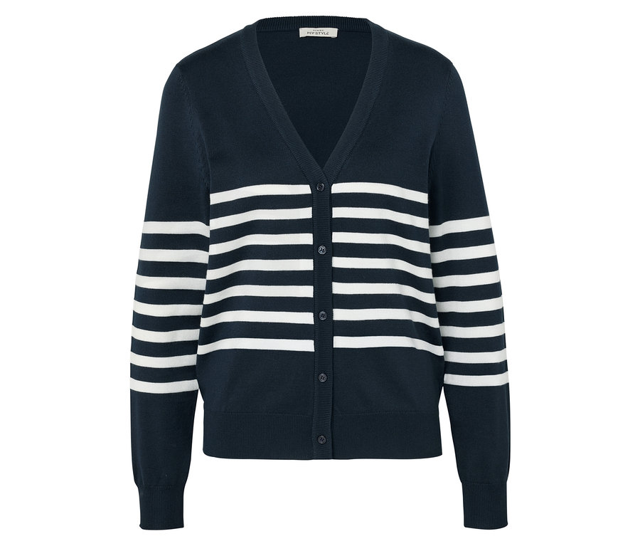 Beyaz şeritli lacivert örgü hırka.