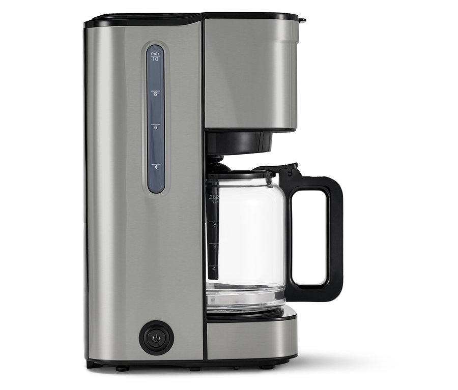 Gümüş renkli »Let's Brew Elegant« Filtre Kahve Makinesi. Kahve makinesinin cam bir sürahisi vardır.