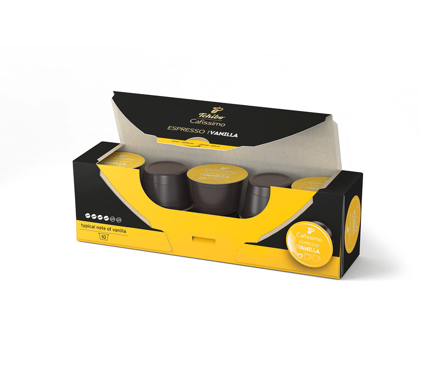Açık, siyah ve sarı bir Cafissimo Flavoured Espresso - Vanilya - 10 kapsül paketi.