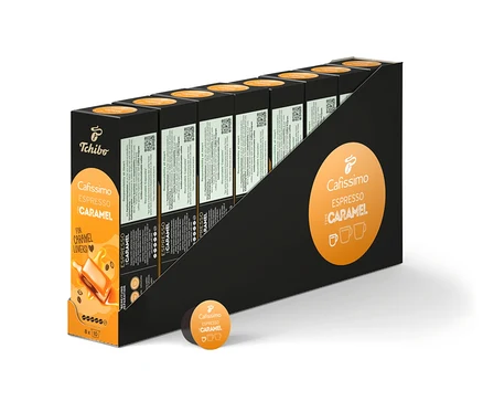 Siyah beyaz ambalajında 80 kapsüllük bir paket Cafissimo Espresso Caramel.
