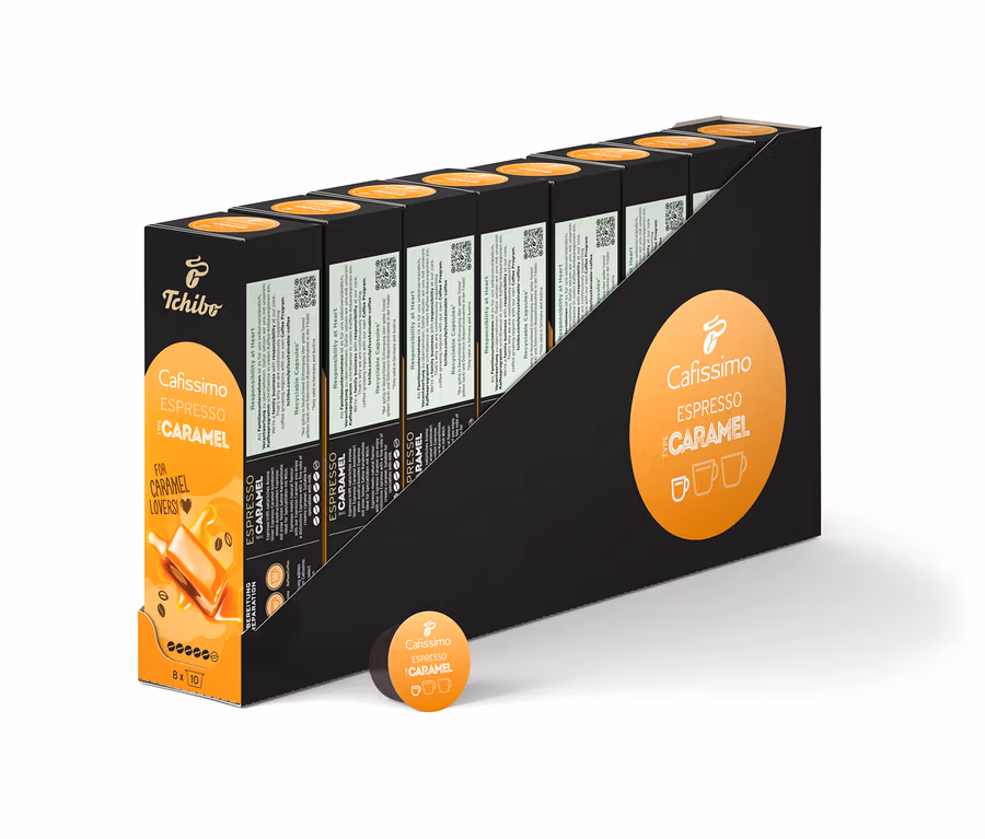Siyah beyaz ambalajında 80 kapsüllük bir paket Cafissimo Espresso Caramel.