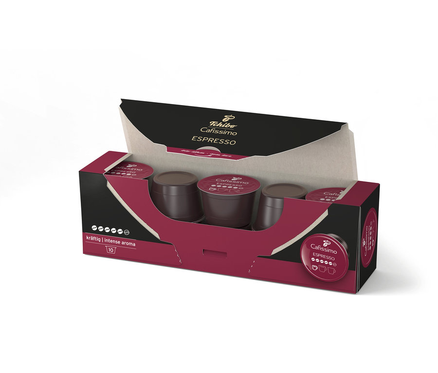 Açık Cafissimo Espresso kapsül paketi. Pakette birkaç kapsül görünüyor.