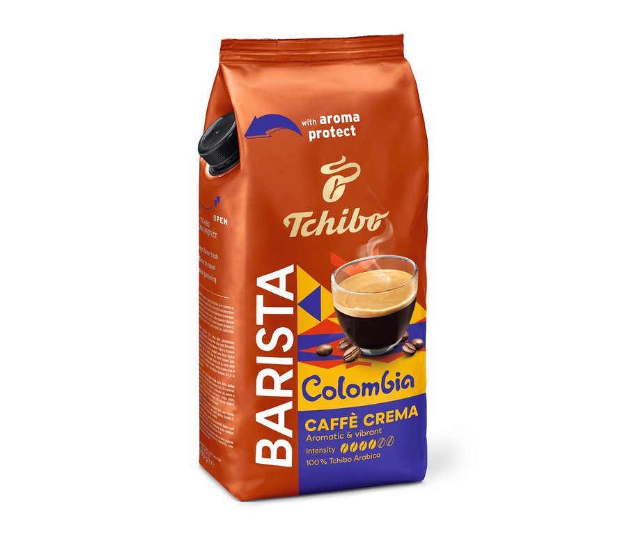 Aroma korumalı ve Tchibo logolu bir paket BARISTA Origins Colombia - 1 kg çekirdek kahve görülüyor.