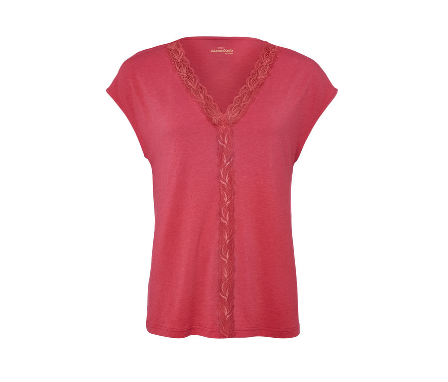 V yakalı ve ortasında dantel detaylı pembe pijama üstü.