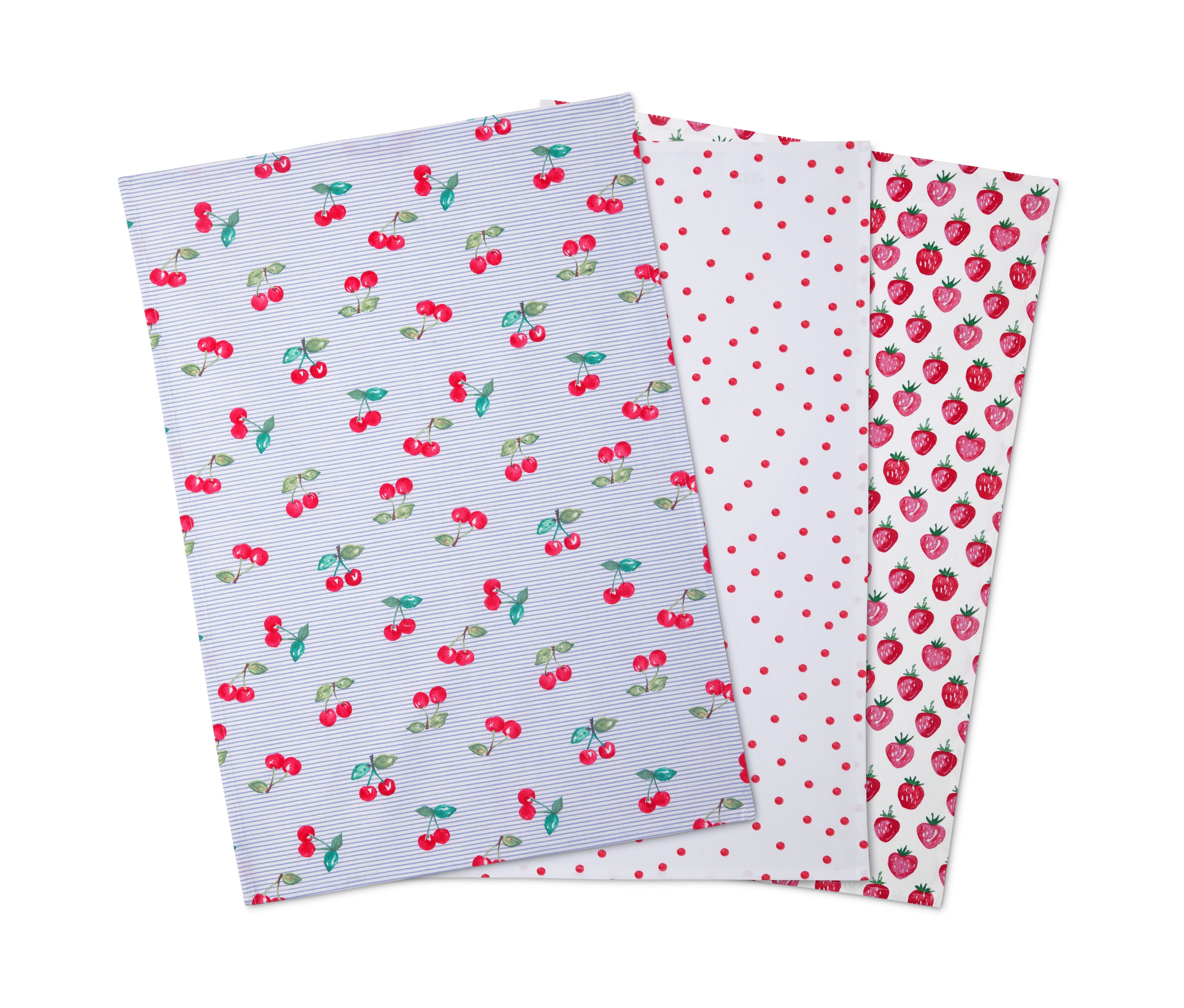 Kiraz, puantiye ve çilek desenli üçlü bulaşık bezi seti.